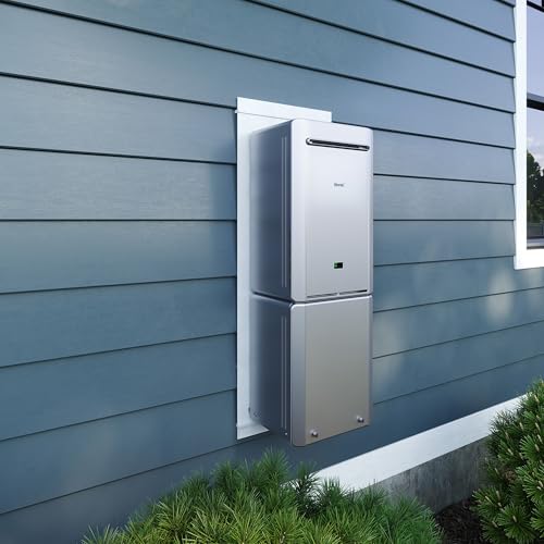 White rectangular tankless water heater unit mounted on blue horizontal siding with integrated pump and control panel.