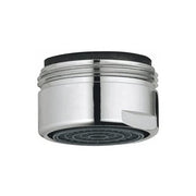 Chrome flow control aerator with black rubber ring and dark mesh screen insert.