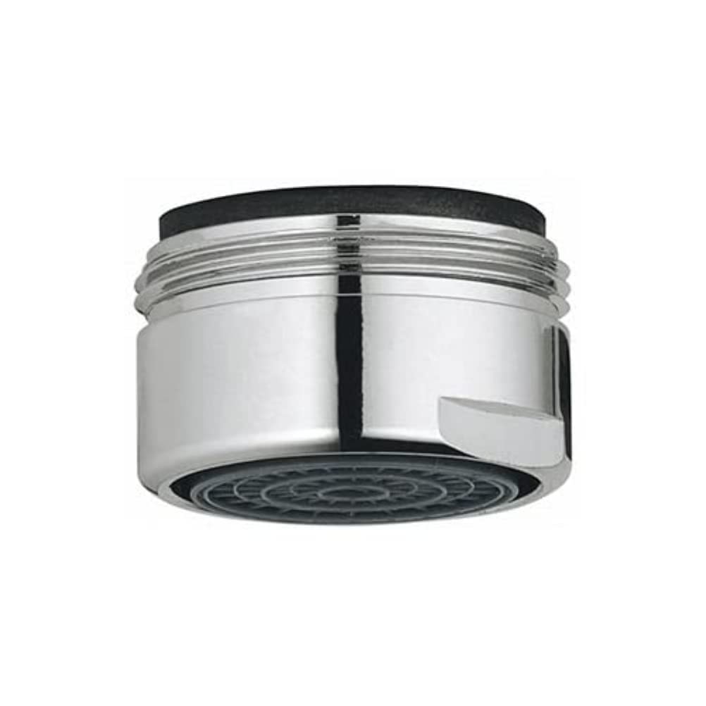 Chrome flow control aerator with black rubber ring and dark mesh screen insert.