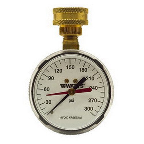 Brass hose connection pressure gauge with round dial displaying 0-300 psi scale and red needle indicator.