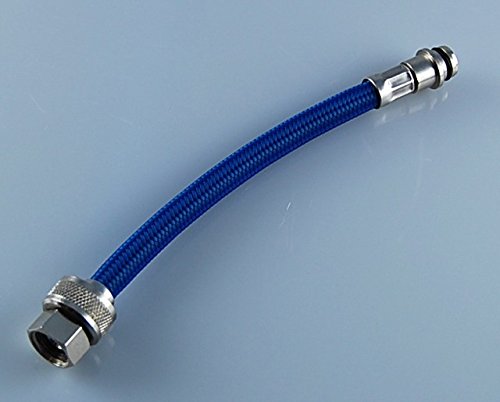 Blue braided nylon hose with metal connectors on both ends.