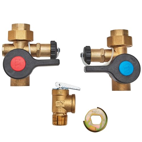 Brass tankless water heater valve set with red and blue handles, relief valve, and wrench.
