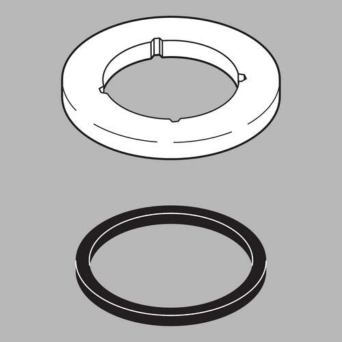 Stainless steel soap dispenser base with mounting bracket and black rubber gasket ring.