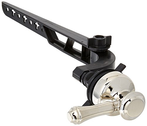 Chrome and black tank lever assembly with mounting bracket and adjustment screw for toilet fill valve.