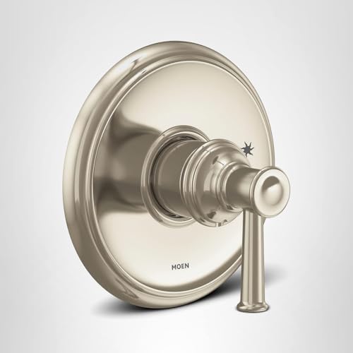 Polished nickel single-handle shower valve trim with circular escutcheon plate and lever handle.
