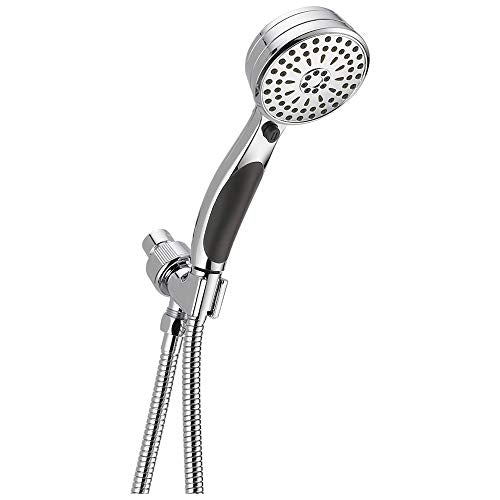 Chrome hand shower with multiple spray holes, black grip handle, and flexible metal hose with wall mount bracket.