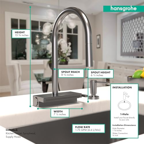 Brushed black chrome high-arc kitchen faucet with pull-down sprayer and measurement specifications displayed.