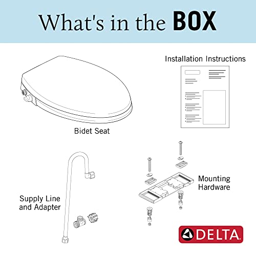 White elongated bidet seat with supply line, adapter, mounting hardware, and installation instructions included.