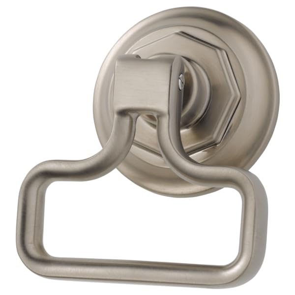 Brushed nickel drawer knob with curved rectangular pull and circular backing plate.