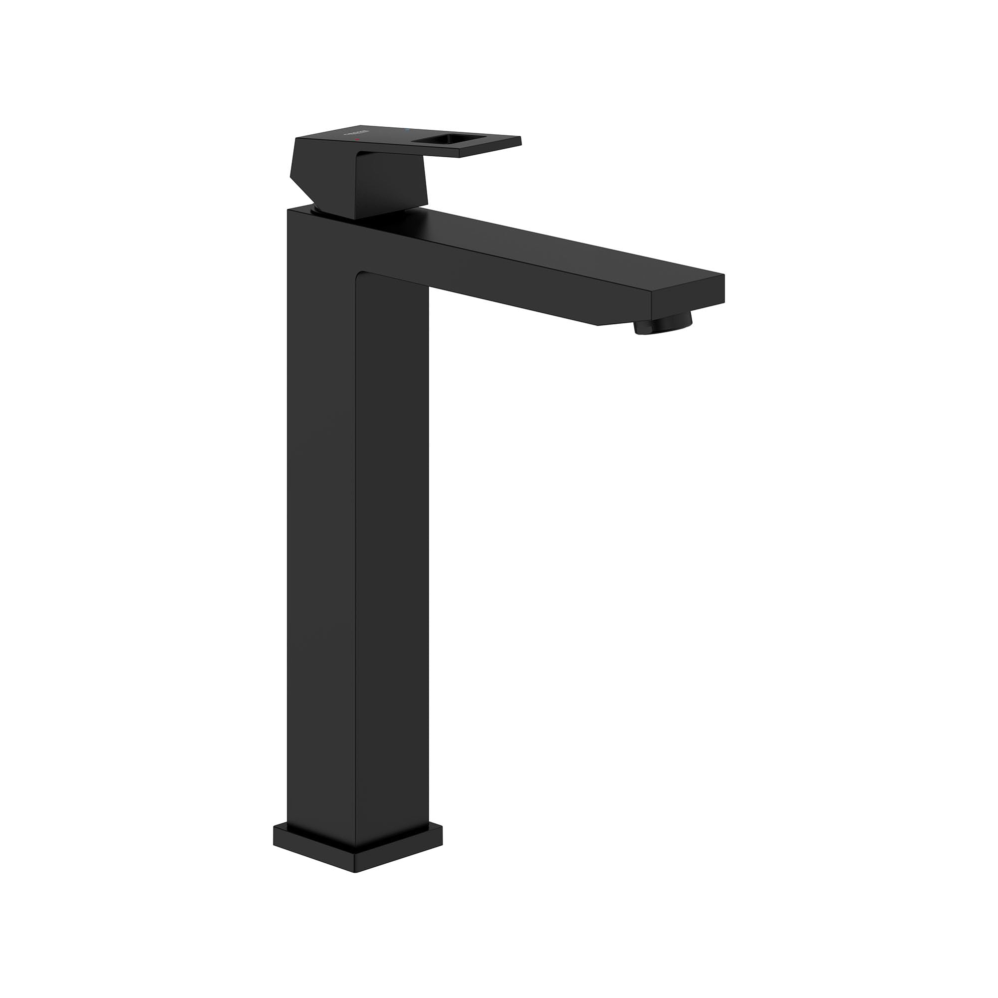 Matte black single-handle vessel sink faucet with tall rectangular body and curved spout.