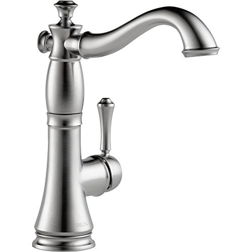 Chrome single-handle bar faucet with curved spout and decorative pedestal base.