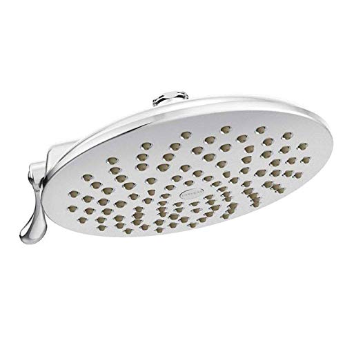 Brushed gold 8-inch round rainshower head with multiple spray holes and side control lever.