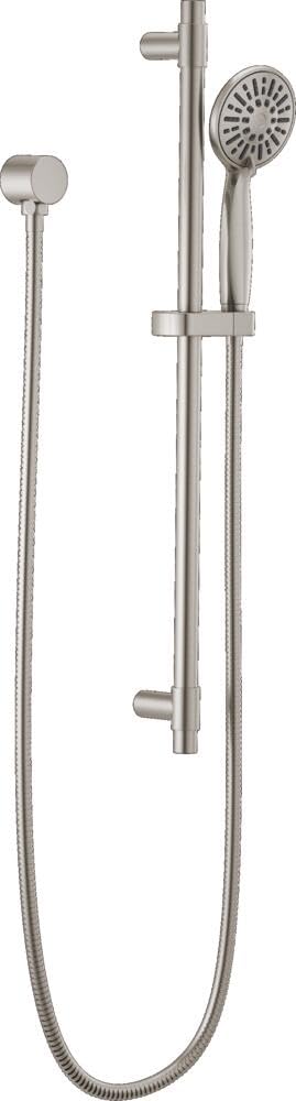 Brushed nickel hand shower with adjustable slide bar, flexible hose, and wall-mounted controls.