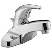 Chrome single-handle bathroom faucet with curved spout and red indicator button on curved body.