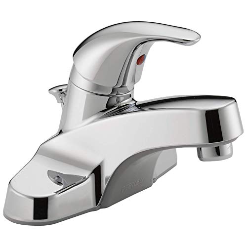 Chrome single-handle bathroom faucet with curved spout and red indicator button on curved body.
