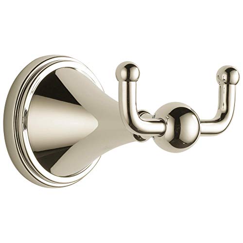 Polished nickel double robe hook with curved arms and circular backplate.