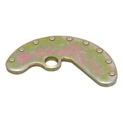 Metal curved mounting bracket with central hole and multiple rivet holes around the perimeter.