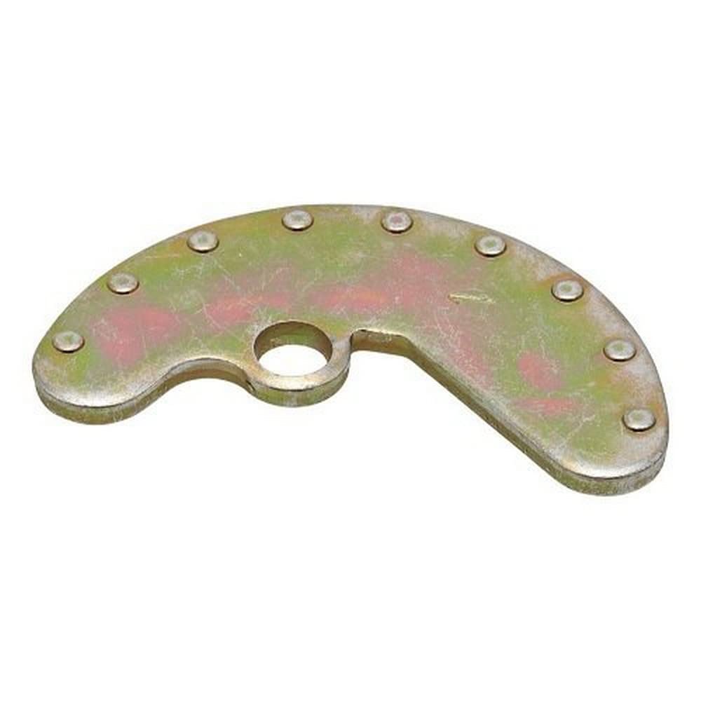 Metal curved mounting bracket with central hole and multiple rivet holes around the perimeter.