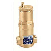 Brass cylindrical air separator with 3/4" NPT connections, vent valve on top, and DISCAL Caleffi label.