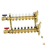 Brass radiant manifold assembly with two horizontal bars, blue and red isolation valves, eight outlet ports with white caps p