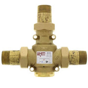 Brass anticondensing valve with 1" NPT male threads on inlet and outlets, control knob, and Caleffi BrioMass label on body.