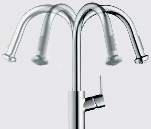 Chrome semi-pro kitchen faucet with four curved spray arms and single lever handle.