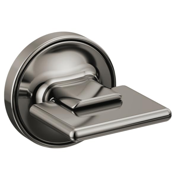 Brushed nickel lever handle with circular escutcheon plate for wall-mounted tub filler.
