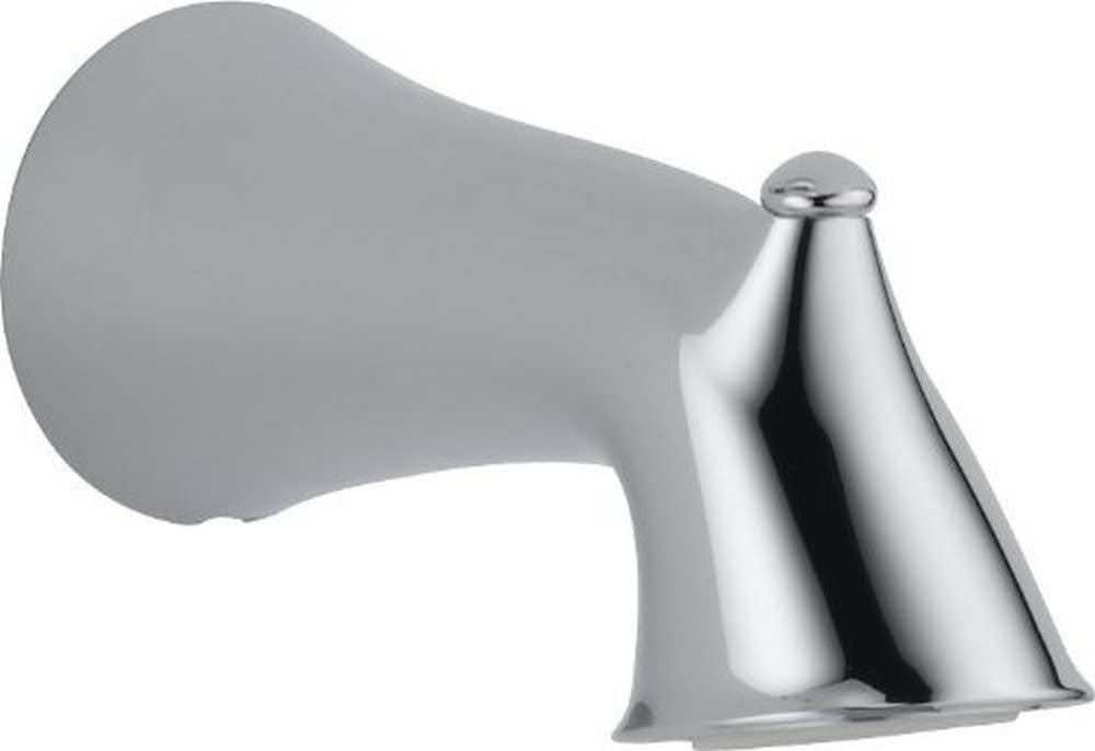 Chrome tub spout with curved tapered design and extended outlet for water delivery.