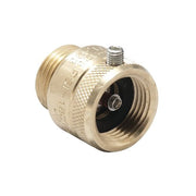 Brass hose vacuum breaker with 3/4 inch threaded connections and internal spring mechanism visible through opening.