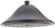 Venetian bronze raincan shower head with large dome shape and adjustable spray ports on underside.