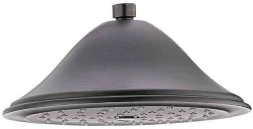 Venetian bronze raincan shower head with large dome shape and adjustable spray ports on underside.