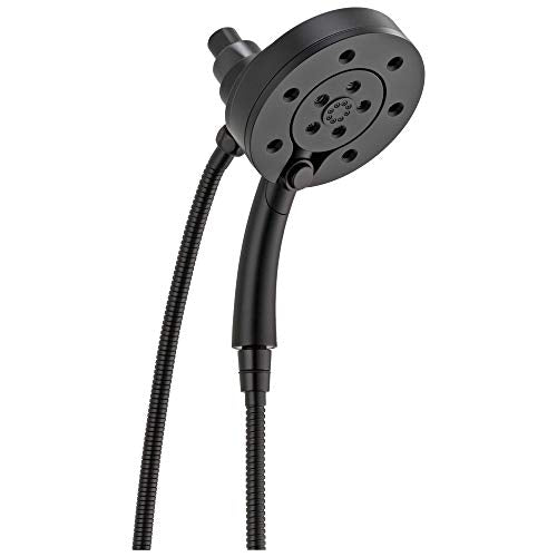 Black round shower head with multiple spray nozzles, attached to a flexible hose with adjustable hand-held wand.