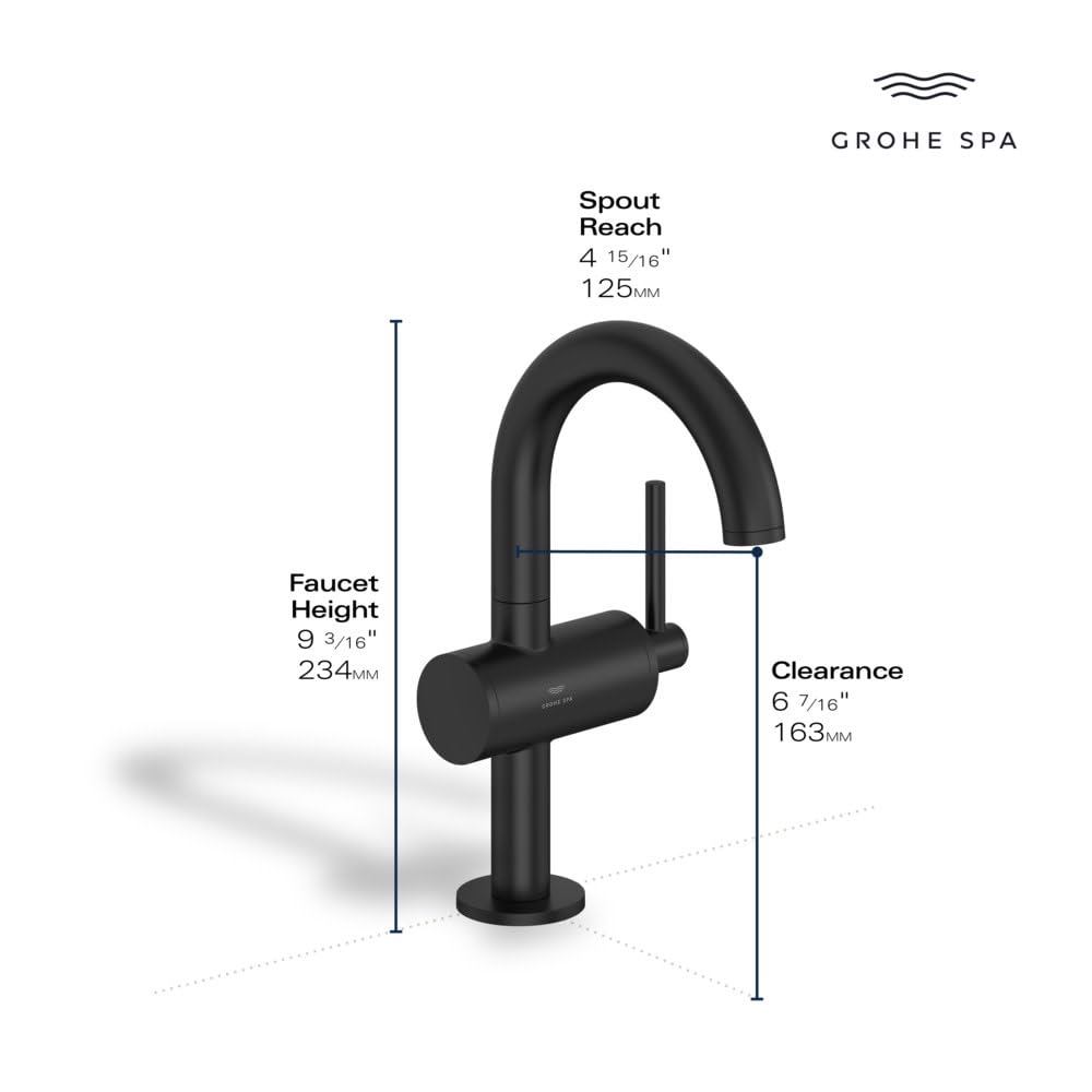 Black single-handle bathroom faucet with curved spout and cylindrical body, showing dimensions for height, spout reach, and c