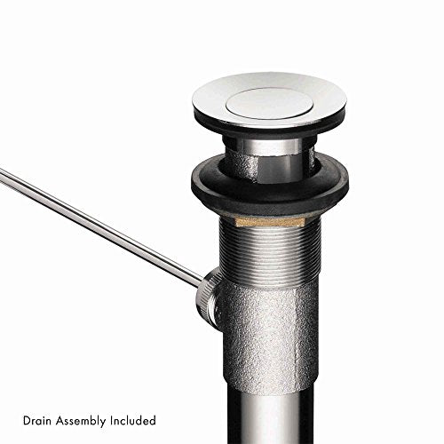 Chrome single-hole bathroom sink faucet with pop-up drain assembly and cylindrical spout.