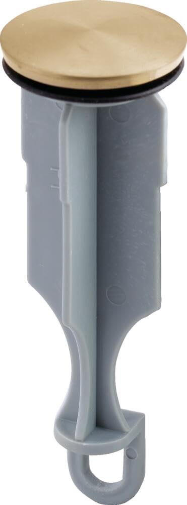 Champagne bronze drain stopper with gray plastic body and circular top, shown from side angle.