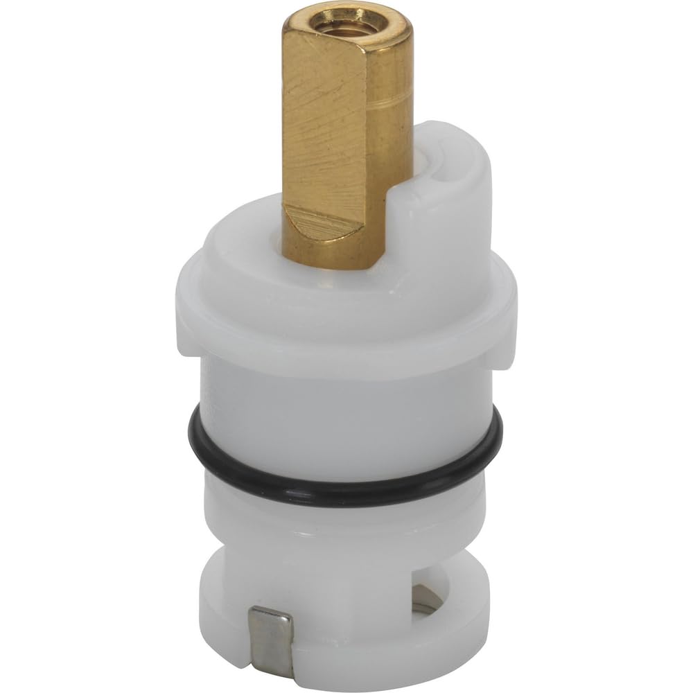 Brass stem unit with white plastic seat assembly, black rubber seal ring, and metal lever slot.