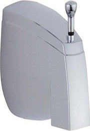 Chrome tub spout with pull-up diverter and rounded escutcheon plate.