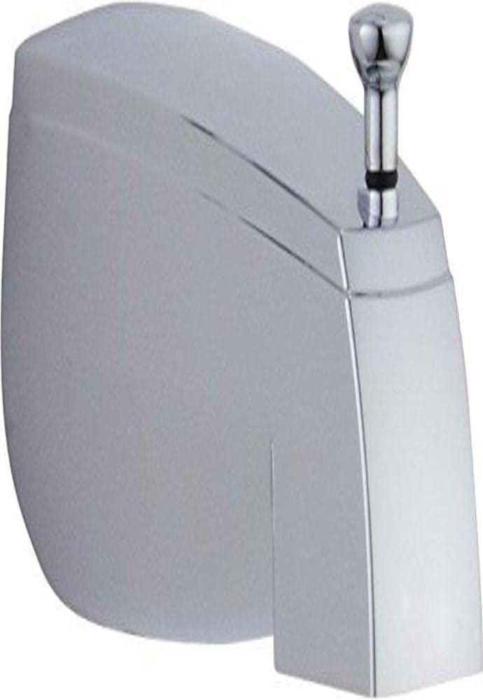 Chrome tub spout with pull-up diverter and rounded escutcheon plate.
