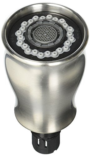 Stainless steel pull-down spray head with circular water holes and mesh screen center, black connector base visible.