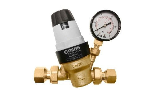 Brass pressure relief valve with white and black cartridge top, attached pressure gauge with black dial, and compression fitt