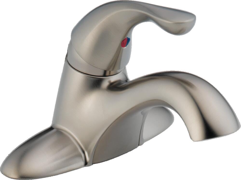 Chrome single handle bathroom faucet with curved spout, pop-up drain, and temperature control indicator.
