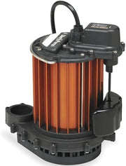 Liberty Pumps Model 237-2 submersible sump pump with orange ribbed aluminum housing and black top assembly with cord.