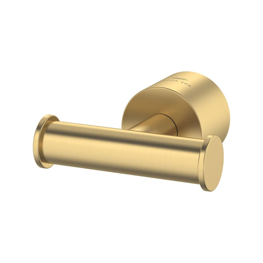 Brushed nickel cylindrical towel hook with round wall mount and horizontal bar.