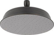 Large round metal shower head with perforated spray face and short cylindrical arm attachment in brushed dark finish.