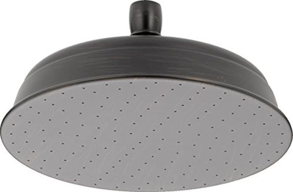 Large round metal shower head with perforated spray face and short cylindrical arm attachment in brushed dark finish.