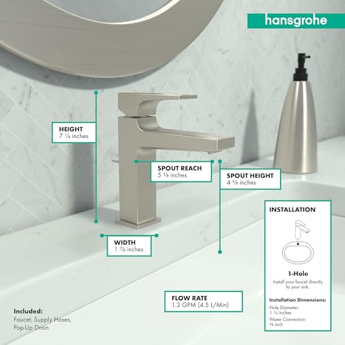 Brushed nickel single-hole bathroom faucet with lever handle and square spout on marble countertop.
