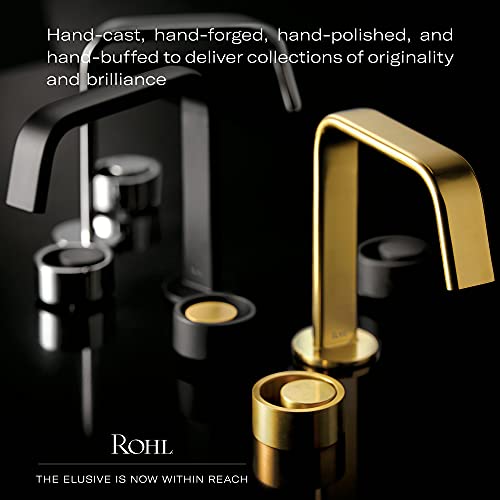Unlacquered brass 8-inch rain showerhead with curved arm and round trim ring displayed with matching chrome fixture.