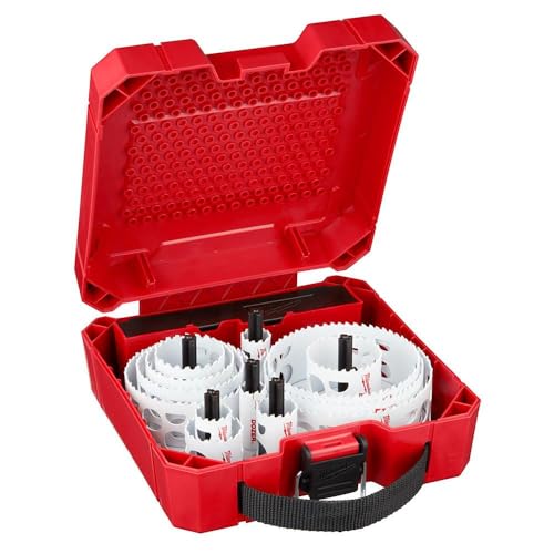 Red plastic case containing 21 hole saws of varying sizes with black arbors and white bi-metal cutting edges.