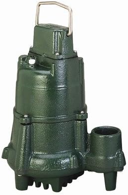 Green cast iron submersible pump with handle and outlet port, shown from front angle.