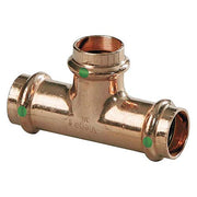 Copper press tee fitting with three open ends and green indicator marks on connection points.